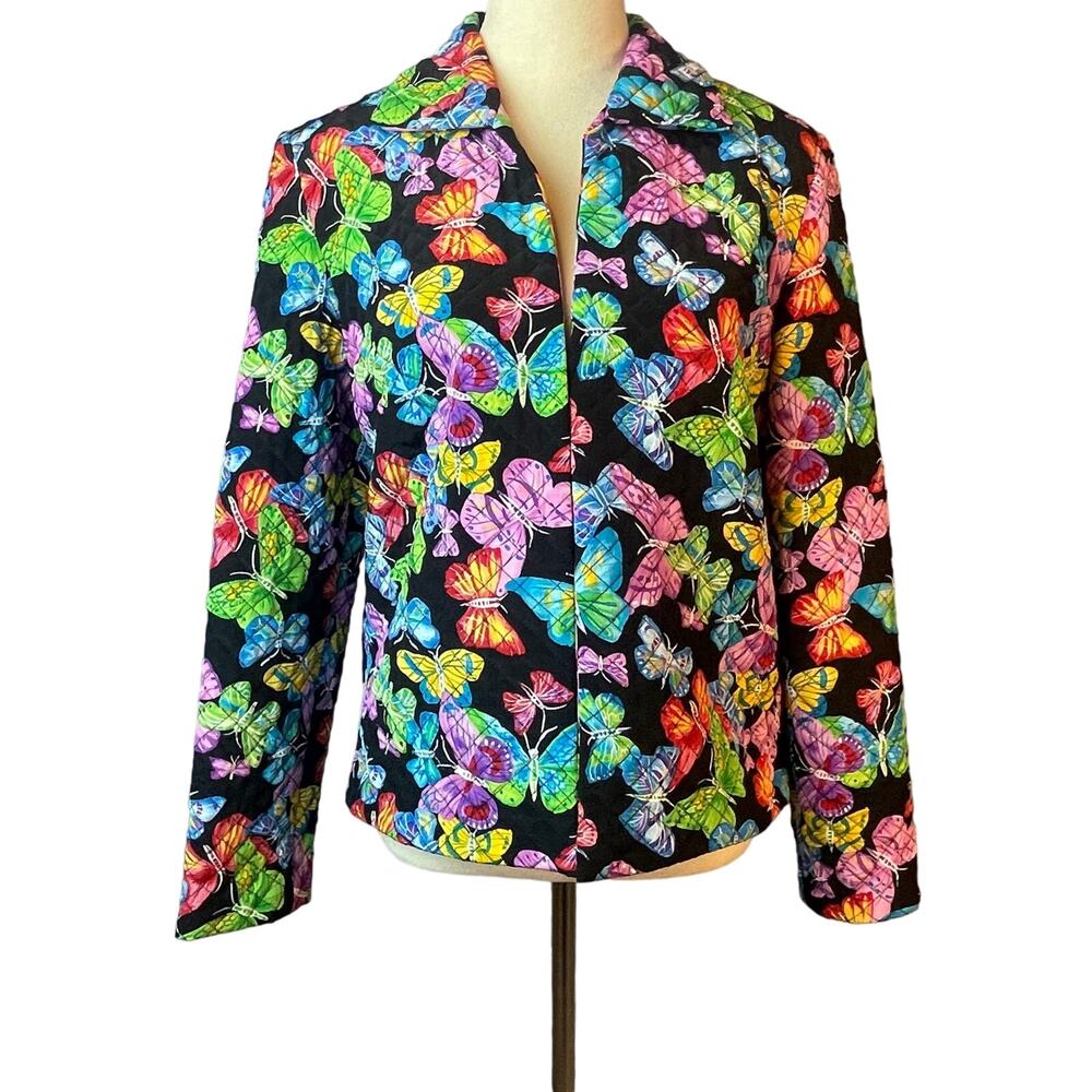 Vintage Maggie L Vibrant Bold Butterfly Print Quilted Silk Jacket.